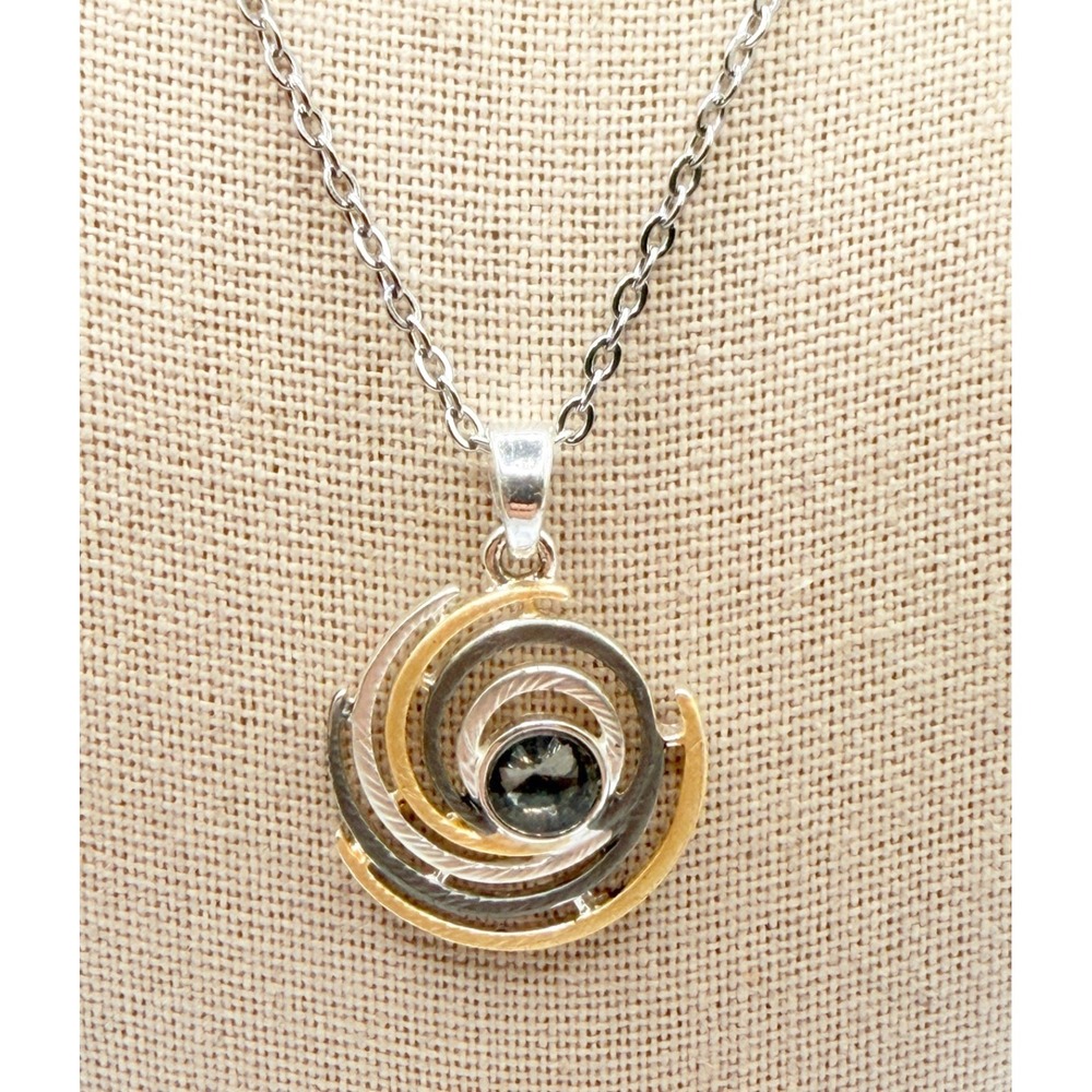 Vintage Mixed Metal Spiral Pendant Necklace Charcoal Glass Tri Tone 20"